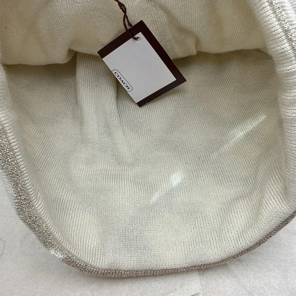 Coach  Cream Glitter Beanie Hat Logo One Size 100% Merino Wool -Cut Tag + Box